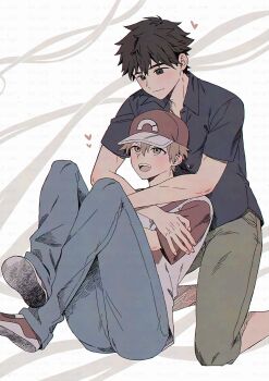 2boys arms_around_neck baseball_cap black_shirt blue_oak blue_oak_(cosplay) blue_pants brown_eyes capri_pants collared_shirt commentary_request cosplay costume_switch crew_neck denim hat heart highres jeans kneeling male_focus multiple_boys nintendo open_collar open_mouth pants pk_rgr96 pokemon pokemon_sm red_(pokemon) red_(pokemon)_(cosplay) red_hat shirt shoes short_hair short_sleeves sitting smile t-shirt teeth upper_teeth_only wing_collar yaoi