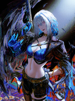 1girl black_gloves black_jacket black_shorts blue_bra blue_hair bra breasts cleavage colored_inner_hair commentary cowboy_shot cropped_jacket earrings flowersbloodart galbrena_(wuthering_waves) gloves gold_choker grey_hair gun hair_between_eyes hand_on_own_hip hand_up highres holding holding_gun holding_weapon jacket jewelry looking_at_viewer medium_breasts multicolored_hair navel parted_lips purple_eyes shorts sidelocks solo stomach thigh_strap underwear weapon wuthering_waves
