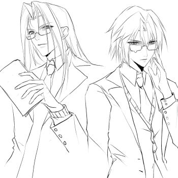 3_3lecho absurdres adjusting_eyewear age_comparison alternate_costume book cropped_torso final_fantasy final_fantasy_vii final_fantasy_vii:_ever_crisis glasses hand_up highres holding holding_book jacket light_smile long_bangs long_hair looking_at_viewer male_focus monochrome multiple_persona necktie open_clothes open_jacket parted_bangs school_uniform sephiroth shirt short_hair sketch slit_pupils sweater_vest teacher teardrop-framed_glasses white_background wing_collar