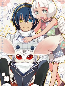 1girl 2boys arms_around_neck bare_shoulders bat_boy black_pants black_vest blue_hair buttons coat collared_coat colored_skin commentary_request copyright_name dark-skinned_male dark_blue_hair dark_skin dress facial_mark feathered_wings flower_wreath grey_eyes hairband hand_on_own_knee heismay_(metaphor:_refantazio) heterochromia highres lapels long_sleeves looking_at_viewer maria_(metaphor:_refantazio) metal_hairband metaphor:_refantazio multiple_boys open_mouth osuumai0128 pants patchwork_clothes protagonist_(metaphor:_refantazio) red_eyes shirt short_hair sitting sleeveless sleeveless_dress teeth triangle_mouth turtleneck twitter_username upper_teeth_only very_long_ears vest white_coat white_hair white_shirt white_skin white_wings wing_collar wings