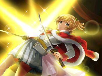 1girl belt closed_mouth daiba_nana dual_wielding frown fur-trimmed_jacket fur_trim game_cg green_eyes grey_skirt holding holding_sword holding_weapon jacket jacket_on_shoulders katana long_sleeves looking_at_viewer official_art orange_hair pleated_skirt red_jacket short_hair short_twintails shoujo_kageki_revue_starlight shoujo_kageki_revue_starlight_-re_live- skirt solo stage_lights sword twintails weapon white_jacket yellow_belt