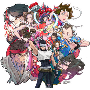 Rule 34 | 6+boys, 6+girls, :d, :o, ainu clothes, asamiya athena, black gloves, black hair, bracelet, bright pupils, brown eyes, brown hair, bun cover, capcom, chun-li, clenched hand, commentary request, copyright notice, cropped legs, cropped shoulders, double bun, edward fokker, fatal fury, fingerless gloves, fire, frown, glasses, gloves, grey eyes, hair bun, hair ribbon, hairband, headband, highres, holding, holding weapon, ichimonji batsu, jewelry, june lin milliam, justice gakuen, kagami kyosuke, kanzaki hayato (star gladiator), kasugano sakura, kusanagi kyou, long hair, looking at viewer, looking to the side, multiple boys, multiple girls, nakoruru, nishimura kinu, official art, open mouth, purple hair, red gloves, red hairband, red headband, ribbon, ryu (street fighter), samurai spirits, second-party source, shiranui mai, short hair, simple background, smile, snk, spiked bracelet, spikes, star gladiator, street fighter, the king of fighters, wakaba hinata, watermark, weapon, white background, white headband, white pupils