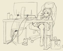 Rule 34 | 1girl, bag, barefoot, can, chair, closed mouth, coffee mug, computer, crumpled paper, cup, denkirk, frieren, full body, gaming chair, long hair, monitor, monochrome, mug, revision, shirt, shorts, sitting, sousou no frieren, swivel chair, thick eyebrows, twintails