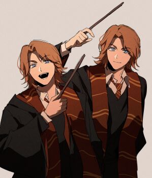 2boys animification black_robe black_vest brothers closed_mouth collared_shirt diagonal-striped_clothes diagonal-striped_necktie fred_weasley george_weasley gryffindor harry_potter_(series) highres hogwarts_school_uniform holding holding_wand looking_at_viewer male_focus medium_hair multiple_boys necktie open_clothes open_mouth open_robe orange_hair parted_bangs red_necktie red_scarf robe sam6 scarf school_uniform shirt siblings simple_background smile striped_clothes striped_necktie teeth twins upper_body vest wand white_background white_shirt wizarding_world