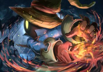 Rule 34 | 1boy, absurdres, black mage (final fantasy), blue coat, brown hat, cave, coat, commentary, final fantasy, final fantasy ix, fire, from side, gloves, glowing, glowing eyes, hat, highres, holding, holding staff, holding weapon, long sleeves, mage staff, male focus, profile, signature, solo, staff, symbol-only commentary, vivi ornitier, watawata22, weapon, wizard hat