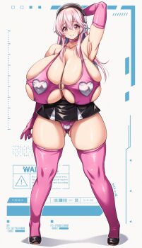 Rule 34 | 1girl, absurdres, arm behind head, armpits, black shoes, black skirt, blue hair, blush, breasts, choker, cleavage, colored inner hair, covered erect nipples, elbow gloves, gigantic breasts, gloves, gluteal fold, hair between eyes, headphones, heart, heart print, high heels, highres, huge breasts, lips, long hair, miniskirt, multicolored hair, nitroplus, o-ring, o-ring top, panties, pink choker, pink eyes, pink gloves, pink hair, pink panties, pink shirt, pink thighhighs, shirt, shoes, skindentation, skirt, sleeveless, smile, solo, standing, super sonico, thick thighs, thighhighs, thighs, underwear, white background, yoohi