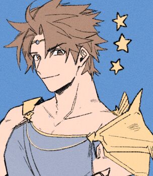 1boy bartz_klauser blue_background blue_shirt brown_eyes brown_hair circlet closed_mouth final_fantasy final_fantasy_v garbage_paper hair_between_eyes light_smile looking_at_viewer male_focus parted_bangs shirt short_hair single_bare_shoulder single_shoulder_pad sleeveless sleeveless_shirt smile solo upper_body