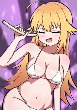 Rule 34 | 1girl, antenna hair, arm at side, bikini, blonde hair, blush, breasts, closed eyes, collarbone, cowboy shot, dot nose, female focus, hand up, koshi torako, large breasts, leaning to the side, looking at viewer, music, open mouth, purple background, shikanoko nokonoko koshitantan, simple background, singing, smug, solo, swimsuit, tinanago tataki, white bikini