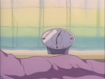 1girl animated animated_gif bed blanket bow breasts brown_eyes brown_hair cleavage clock female_focus hair_bow hair_ribbon long_hair matching_hair/eyes nightgown ponytail ranma_1/2 ribbon screencap solo tendou_kasumi waking_up