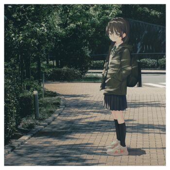 1girl 280km absurdres backpack bag black_skirt black_socks border brown_hair collared_shirt dappled_sunlight from_side full_body glasses green_jacket green_ribbon highres hood hooded_jacket jacket kneehighs looking_at_viewer looking_to_the_side neck_ribbon original outdoors photo_background ribbon road round_eyewear school_uniform shirt shoes short_hair sidewalk skirt socks solo sunlight tree white_border white_shirt white_shoes