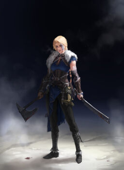 1girl axe blonde_hair blue_eyes dual_wielding european_clothes highres holding holding_axe holding_weapon looking_at_viewer norse simple_background tattoo weapon wolf_lamb