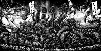 2girls ahegao alien armpits arms_behind_head black_hair blush breasts completely_nude cum cum_in_mouth cum_in_pussy cum_inflation fellatio highres huge_breasts huge_penis inflation irrumatio large_breasts legs_up long_hair monochrome multiple_girls multiple_penetration nipples nude open_mouth oral original penis ponytail pregnant restrained saliva slime_(substance) spread_legs stitched sweat tentacle_pit tentacle_sex tentacles third-party_edit yuyu_(1bit)