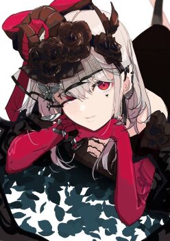 Rule 34 | 1girl, absurdres, black dress, black flower, black rose, butterfly facial mark, claw ring, dress, ear chain, earclip, elbow gloves, elu (10th costume) (nijisanji), elu (nijisanji), fake horns, fascinator, flower, gloves, hair rings, highres, horns, linked piercing, long pointy ears, looking at viewer, mark under eye, medium hair, nijisanji, official alternate costume, ogura tubuan, piercing, pointy ears, red eyes, red gloves, rose, solo, strapless, strapless dress, virtual youtuber