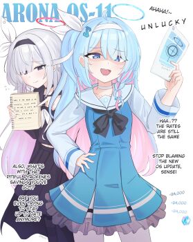 2girls absurdres arona_(blue_archive) black_hairband black_serafuku blue_archive blue_dress blue_eyes blue_hair blue_halo character_name child colored_inner_hair commentary cosplay cowboy_shot dress english_commentary english_text evil_smile front-to-back gacha_(game_mechanic) hairband halo hand_on_own_hip highres long_hair looking_at_viewer madobe_ichika madobe_ichika_(cosplay) microsoft_windows morse_code multicolored_hair multiple_girls myuf one_side_up os-tan pink_hair plana_(blue_archive) pyroxene_(blue_archive) red_halo sailor_dress school_uniform serafuku shaded_face simple_background smile two-tone_hair white_background white_hair white_hairband windows_11