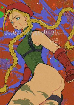 Rule 34 | 1girl, absurdres, artist name, ass, bare shoulders, beret, blonde hair, blue eyes, braid, breasts, cammy white, camouflage, chest harness, clenched hands, commentary request, cowboy shot, facial scar, fingerless gloves, furrowed brow, gloves, green leotard, harness, hat, heattech leotard, highres, holster, koberakobe, leotard, long hair, medium breasts, red gloves, red hat, scar, scar on cheek, scar on face, solo, street fighter, street fighter 6, thigh holster, thighs, turtleneck, twin braids