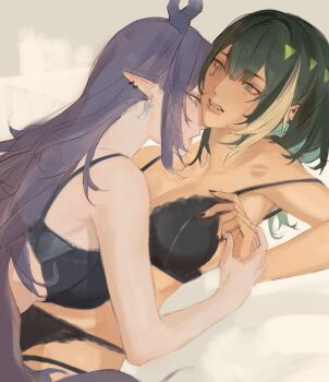 2girls black_bra black_nails black_panties bra commentary earrings face_piercing genshin_impact green_eyes green_hair hashtag-only_commentary highres holding_hands horns jewelry lauma_(genshin_impact) lip_piercing lipstick_mark lipstick_mark_on_shoulder multiple_girls nefer_(genshin_impact) nikkannie panties parted_lips piercing pointy_ears purple_eyes purple_hair underwear underwear_only yuri