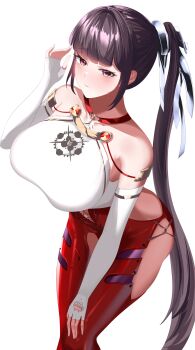 1girl absurdly_long_hair absurdres alternate_breast_size_(larger) black_hair bodysuit breasts elbow_gloves eve_(neurolink_suit)_(nikke) eve_(stellar_blade) fingerless_gloves gloves goddess_of_victory:_nikke highres large_breasts long_hair official_alternate_costume ponytail shift_up solo stellar_blade very_long_hair white_background wilhelmina_bd2