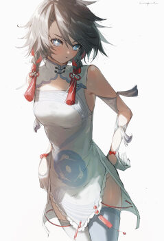 1girl absurdres bare_shoulders blue_eyes breasts character_request china_dress chinese_clothes commentary_request commission copyright_request dress gloves grey_hair highres long_hair looking_at_viewer no_panties original pantyhose pppmepl simple_background skeb_commission standing white_background white_dress white_gloves