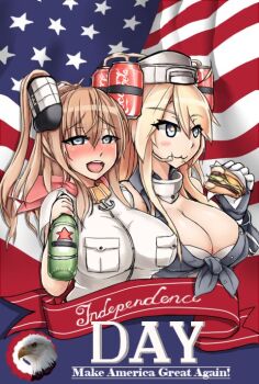 2girls american_flag anchor_choker blonde_hair blue_eyes breasts brown_hair burger cleavage drunk food fourth_of_july headgear iowa_(kancolle) kantai_collection large_breasts long_hair multiple_girls off_shoulder open_mouth ponytail saratoga_(kancolle) side_ponytail smile star-shaped_pupils star_(symbol) symbol-shaped_pupils teeth upper_teeth_only vereshhagin