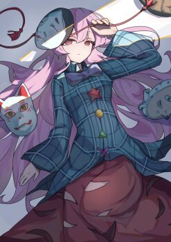 1girl breasts closed_mouth collared_shirt commentary fox_mask hata_no_kokoro highres hyottoko_mask long_hair long_sleeves looking_at_viewer lying mask mask_on_head on_back orange_skirt pink_eyes pink_hair plaid_clothes plaid_shirt shirt skirt skirt_cutout solo suzukiairi0001 touhou very_long_hair wide_sleeves