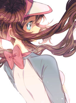 1girl absurdres blue_eyes blush bow brown_hair double_bun from_behind godouyu_(neisukun) hair_bun hat highres long_hair looking_at_viewer nintendo pink_bow pokemon pokemon_bw2 raglan_sleeves rosa_(pokemon) shirt solo twintails upper_body visor_cap white_background