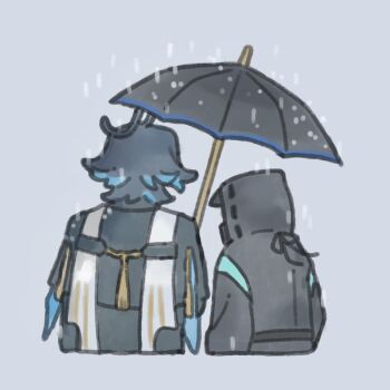 1boy 1other ambiguous_gender arknights black_coat black_hair black_jacket blue_hair chickenuma_0 coat commentary_request cropped_torso doctor_(arknights) facing_away from_behind grey_background highres holding holding_umbrella hood hood_up hooded_coat hooded_jacket jacket long_sleeves lumen_(arknights) male_focus multicolored_hair rain shared_umbrella simple_background umbrella upper_body