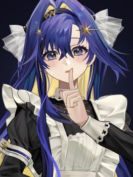 1girl 3d apron black_background black_dress black_hairband blonde_hair blue_eyes blue_hair blush colored_inner_hair dress finger_to_mouth hair_intakes hair_ornament hairband hand_up highres index_finger_raised juliet_sleeves long_hair long_sleeves looking_at_viewer multicolored_hair puffy_sleeves reverse:1999 sacha_(un_782) school_uniform shushing solo soviet_school_uniform sparkling_eyes star_(symbol) star_hair_ornament upper_body voyager_(reverse:1999) white_apron