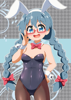 1girl adjusting_eyewear animal_ear_hairband animal_ears black_leotard black_pantyhose blue_eyes blue_hair bow bowtie braid breasts checkered_background detached_collar fake_animal_ears glasses gluteal_fold hairband hand_on_own_hip leotard low_twin_braids low_twintails mizusaki_johnko open_mouth original pantyhose playboy_bunny rabbit_ears red-framed_eyewear red_bow red_bowtie round_teeth small_breasts smile solo strapless strapless_leotard teeth twin_braids twintails upper_teeth_only wrist_cuffs