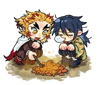 Rule 34 | 2boys, autumn leaves, black hair, black jacket, blonde hair, buttons, chibi, chibi only, closed eyes, commentary request, demon slayer uniform, full body, gold buttons, haori, high collar, jacket, japanese clothes, kikkoumon, kimetsu no yaiba, korean commentary, leaf, long hair, low ponytail, male focus, multicolored hair, multiple boys, open mouth, ponytail, print haori, red hair, red haori, rengoku kyoujurou, simple background, smile, spiked hair, squatting, tomioka giyuu, two-tone hair, weezlecc, white background