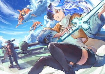 1boy 1girl abs absurdres black_coat black_hair black_hat black_pants black_thighhighs blue_jacket blue_sky blue_streaks brown_gloves cloud coat colored_inner_hair cowboy_hat fingerless_gloves gloves glowing glowing_hair glowing_sword glowing_weapon guilty_gear guilty_gear_strive hand_on_sheath hat highres holding holding_sword holding_weapon jacket jacket_over_jacket johnny_(guilty_gear) katana katohisui large_belt long_sleeves multicolored_hair open_clothes open_coat orange_jacket pants puffy_sleeves red_eyes shorts skull_and_crossbones sky streaked_hair sunglasses sword teeth thighhighs tomboy turtleneck unika_(guilty_gear) weapon white_hair wide_brim