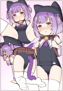 1girl abaji all_fours animal_ear_headwear animal_ears backpack bag bell black_one-piece_swimsuit blush border brown_bag cat_tail collar copyright_request detached_sleeves fake_animal_ears furrowed_brow inset_border jingle_bell loli looking_at_viewer multiple_views neck_bell one-piece_swimsuit parted_lips pink_eyes purple_hair randoseru red_collar school_swimsuit short_hair swimsuit tail tareme thighhighs two_side_up white_border white_thighhighs