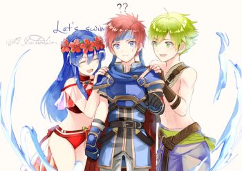 1girl 2boys ? ?? armor belt bikini blue_eyes blue_hair blue_headband blue_male_swimwear blue_swim_trunks breastplate closed_eyes closed_mouth english_text fire_emblem fire_emblem:_the_binding_blade fire_emblem_heroes gloves green_eyes green_hair head_wreath headband lilina_(fire_emblem) lilina_(summer)_(fire_emblem) long_hair male_swimwear multiple_boys nintendo open_mouth red_bikini red_hair roy_(fire_emblem) shoochiku_bai short_hair simple_background swim_trunks swimsuit twitter_username water white_background wolt_(fire_emblem) wolt_(summer)_(fire_emblem)