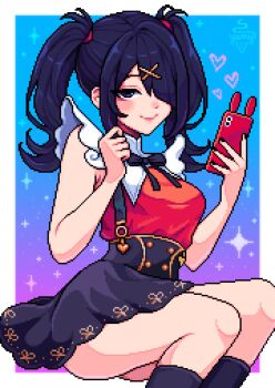 1girl absurdres ame-chan_(needy_girl_overdose) black_eyes black_hair black_socks cowboy_shot diagonal_bangs hair_ornament hair_over_one_eye hands_up head_tilt highres holding holding_phone looking_at_viewer neck_ribbon needy_girl_overdose phone pixel_art red_shirt ribbon shirt short_twintails sidelocks skirt smirk socks solo suspender_skirt suspenders twintails twisted_torso winged_sleeves x_hair_ornament yumykon