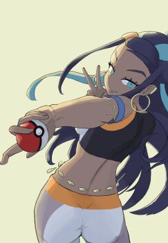 1girl absurdres black_shirt blue_hair closed_mouth dark-skinned_female dark_skin highres holding holding_poke_ball looking_at_viewer multicolored_hair nasol nessa_(pokemon) nintendo poke_ball poke_ball_(basic) pokemon pokemon_swsh shirt shorts sleeveless sleeveless_shirt smile solo two-tone_hair v white_shorts