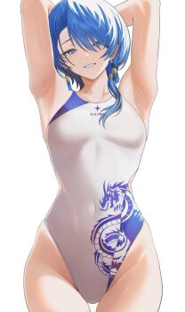 1girl alternate_costume armpits arms_behind_head arms_up blue_eyes blue_hair breasts collarbone commentary competition_swimsuit covered_navel dragon_print duplicate earrings hair_between_eyes hair_over_one_eye highleg highleg_one-piece_swimsuit hololive hoshimachi_suisei jewelry looking_at_viewer low-tied_medium_hair medium_hair one-piece_swimsuit parted_lips presenting_armpit si_farid simple_background small_breasts smile solo star_(symbol) star_in_eye swimsuit symbol_in_eye tassel tassel_earrings thigh_gap thighs two-tone_one-piece_swimsuit virtual_youtuber white_background