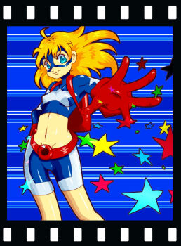 1girl backpack bag blonde_hair blue_eyes courtney_whitmore dc_comics domino_mask eye_mask female_focus gloves kikisuke_t long_hair mask midriff randoseru shorts skin_tight solo stargirl