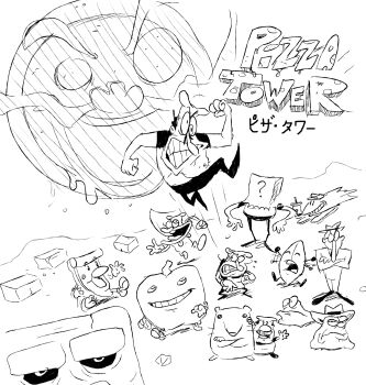angry bag brick_(pizza_tower) chef fake_peppino food gustavo_(pizza_tower) highres jumping mouse_(animal) pepperman peppino_spaghetti pizza pizza_tower pizzaface running snick_(pizza_tower) soomlar the_noise the_vigilante