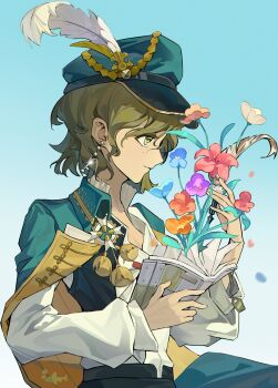 Rule 34 | 1girl, black vest, blue background, blue flower, brown hair, cape, closed mouth, commentary, english commentary, flower, from side, gradient background, green cape, green eyes, green hat, hat, hat feather, highres, holding, holding notebook, holding quill, hydrogen fish, newsboy cap, notebook, profile, purple flower, quill, recoleta (reverse:1999), red flower, reverse:1999, shirt, short hair, solo, upper body, vest, white flower, white shirt
