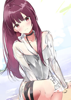 1girl absurdres aizawa_(aizawatsu) beach bullpup closed_mouth commentary girls&#039;_frontline gun highres light_blush long_hair looking_at_viewer one-piece_swimsuit red_eyes red_hair rifle see-through_clothes shirt sitting sniper_rifle swimsuit wa2000_(girls&#039;_frontline) walther walther_wa_2000 water weapon white_shirt