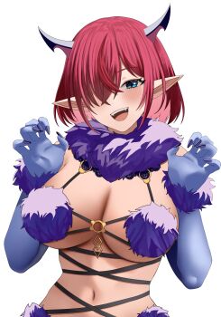 1girl bikini black_horns blue_eyes blush claw_pose cosplay fate/grand_order fate_(series) hair_over_one_eye hashtag-only_commentary highres hololive hololive_english horns irys_(hololive) mash_kyrielight mash_kyrielight_(cosplay) mash_kyrielight_(dangerous_beast) mash_kyrielight_(dangerous_beast)_(cosplay) multicolored_hair pointy_ears purple_bikini purple_hair short_hair si_farid swimsuit two-tone_hair upper_body virtual_youtuber