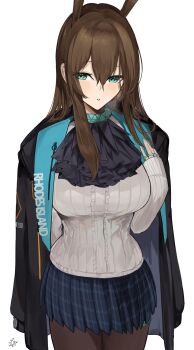 1girl absurdres aged_up alternate_breast_size_(larger) alternate_hairstyle amiya_(arknights) animal_ears aqua_eyes arknights arm_behind_back ascot black_ascot black_jacket blue_skirt blush breasts brown_hair brown_pantyhose center_frills clothes_writing collar cowboy_shot frilled_shirt frills hair_down highres jacket jacket_on_shoulders jewelry kajuu large_breasts long_hair long_sleeves looking_at_viewer miniskirt multiple_rings open_clothes open_jacket pantyhose parted_lips plaid_clothes plaid_skirt pleated_skirt rabbit_ears ring shirt signature simple_background skirt solo thighlet white_background white_shirt