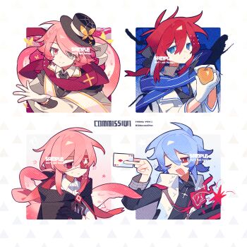 2boys 2girls ;d absurdres black_gloves black_hat black_necktie black_shirt blue_eyes blue_hair blue_necktie blue_scarf card closed_mouth collared_shirt commission double-parted_bangs eyepatch gloves grey_eyes hair_between_eyes hat highres holding holding_card long_sleeves meimei_(wakamoid) multiple_boys multiple_girls necktie one_eye_closed open_clothes open_mouth open_vest original red_eyes red_hair red_scarf scarf shirt short_hair smile thank_you twitter_username two_of_diamonds upper_body vest white_gloves white_vest