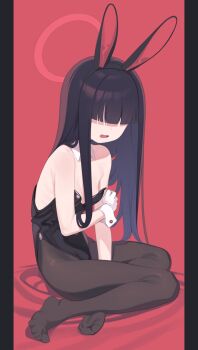 1girl alternate_costume animal_ears black_border black_hair black_leotard black_pantyhose blue_archive blunt_bangs border breasts detached_collar faceless faceless_female fake_animal_ears feet full_body gloves hairband halo highres hime_cut justice_task_force_member_(blue_archive) kaniman legs leotard long_hair no_shoes oversized_breast_cup pantyhose pillarboxed playboy_bunny rabbit_ears red_background sitting small_breasts solo spread_toes straight_hair strapless strapless_leotard toe_scrunch toes very_long_hair white_gloves wrist_cuffs yokozuwari