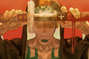 Rule 34 | 1boy, chest tattoo, commentary request, earrings, facial hair, goatee, hat, highres, holding, holding sword, holding weapon, hood, hooded coat, jewelry, looking at viewer, male focus, one piece, red background, sheath, shiraumi8351, sideburns, simple background, solo, sword, tattoo, trafalgar law, unsheathing, weapon
