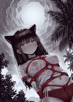 1girl ai-assisted animal_ears arched_back artist_name bdsm between_breasts blush bondage bound bound_arms breast_bondage breasts buruma cloud cloudy_sky covered_erect_nipples crotch_rope dutch_angle embarrassed greyscale groin gym_uniform highres large_breasts leaning_back long_hair monochrome mountain navel nipples no_bra original outdoors palm_tree panties patreon_username rain restrained rope see-through_clothes shibari shibari_over_clothes shirt sky solo standing sweat tears tree twitter_username underwear watashinogovno wavy_mouth wet wet_clothes wet_panties
