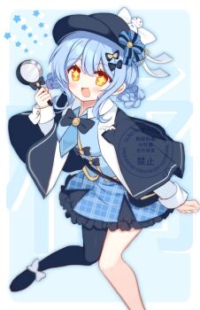 Rule 34 | + +, 1girl, :d, asymmetrical legwear, bird hat ornament, black bag, black capelet, black hat, black pantyhose, black shoes, blue hair, braid, braided hair rings, capelet, deerstalker, detective, hair rings, hat, highres, holding, holding magnifying glass, looking at viewer, magnifying glass, mahou shoujo no majo saiban, open mouth, orange eyes, pantyhose, shikito (yawa0w0), shoes, short hair, single leg pantyhose, smile, solo, star (symbol), tachibana sherry, two-tone background, watermark