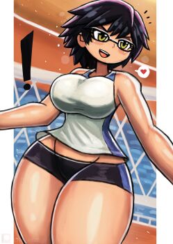 ! 1girl audience bayonetta bayonetta_(series) bike_shorts black_bike_shorts black_hair blush breasts crowd glasses heart large_breasts open_mouth running running_track shirt short_hair sleeveless sleeveless_shirt smile speech_bubble spoken_heart teeth thick_thighs thighs tony_welt track_and_field white_shirt wide_hips yellow_eyes
