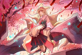 1girl ankle_socks apron arknights black_sandals blonde_hair branch chinese_commentary commentary_request flower frilled_apron frilled_socks frills green_eyes hairband highres long_hair long_sleeves looking_ahead multiple_tails official_alternate_costume okobo on_branch parted_lips pink_flower platform_sandals red_hairband sandals sitting socks solo suzuran_(arknights) suzuran_(yukibare)_(arknights) tail waist_apron wangchuan white_apron white_socks