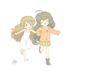 Rule 34 | 00s, 2girls, ahoge, clannad, closed eyes, dress, girl from the illusionary world, hakuto (artist), hiro (dismaless), holding hands, ibuki fuuko, long hair, multiple girls, plaid clothes, plaid skirt, sandals, skirt, smile, very long hair