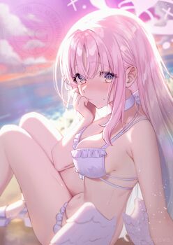 1girl backlighting bikini blue_archive blush breasts cello choker closed_mouth commentary_request crossed_bangs dutch_angle ear_blush feet_out_of_frame frilled_bikini frills from_side gradient_eyes gradient_hair hair_behind_ear halo highres instrument knees_up large_breasts long_hair long_sidelocks looking_at_viewer looking_to_the_side low_wings mika_(blue_archive) mika_(swimsuit)_(blue_archive) multicolored_eyes multicolored_hair navel nose_blush ocean outdoors pink_hair pink_sky reclining segawa_luna sidelocks sky solo straight_hair sunlight sunset sweatdrop swimsuit turning_head watermark white_bikini white_choker white_halo white_wings wings